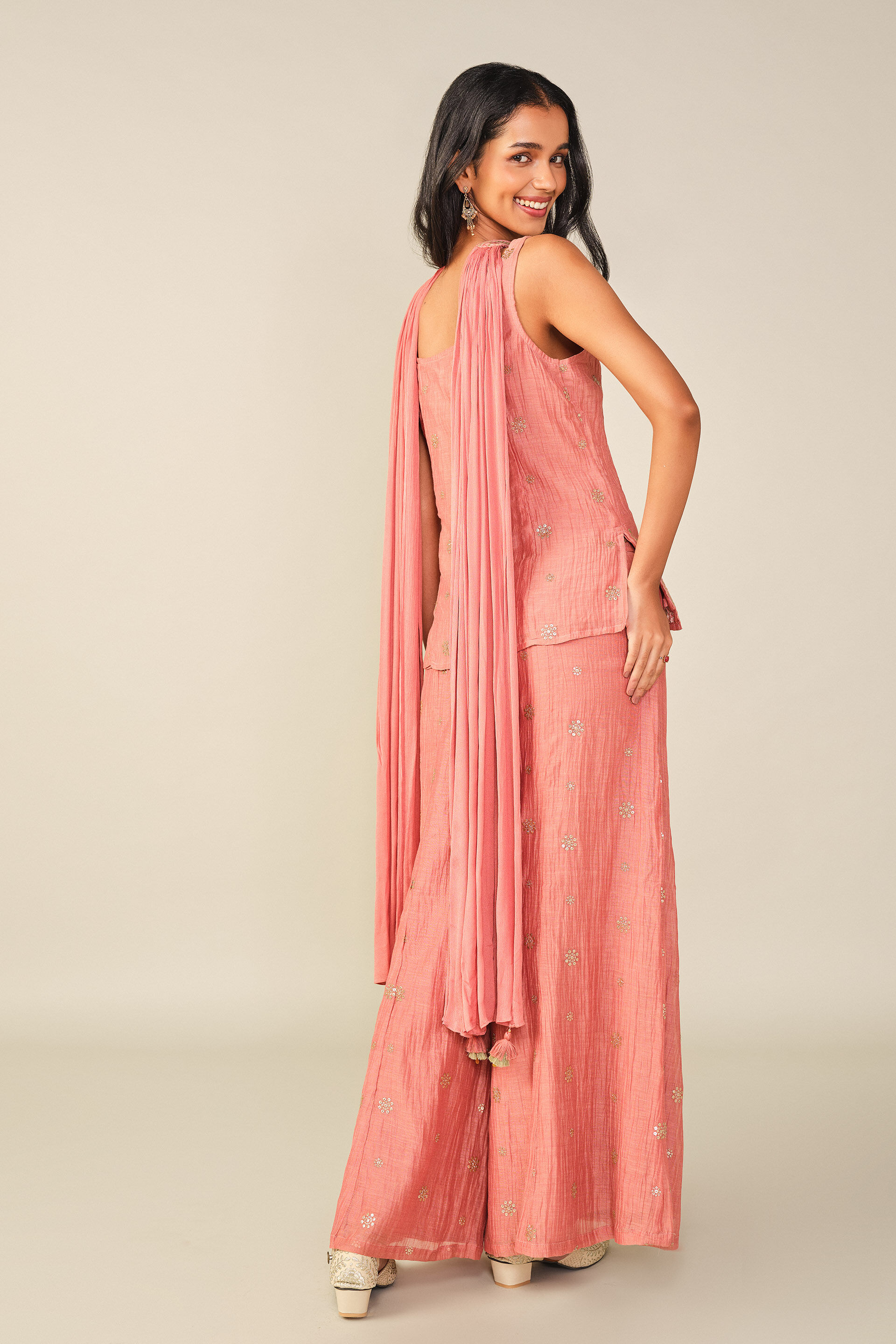 Fitted Embroidered Palazzo Set in Salmon, Pink, image 5